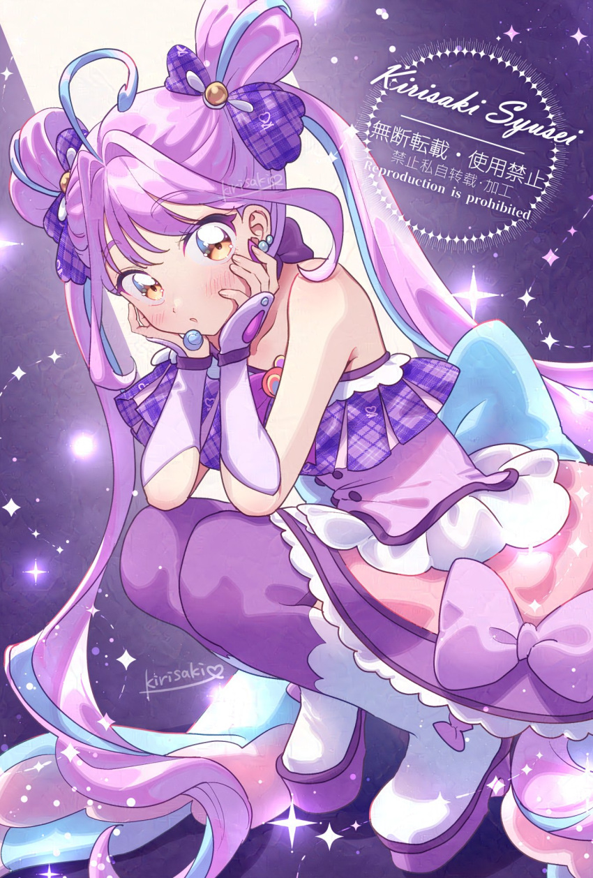 1girl, ahoge, artist_name, blue_bow, blue_hair, boots, bow, cure_kyunkyun