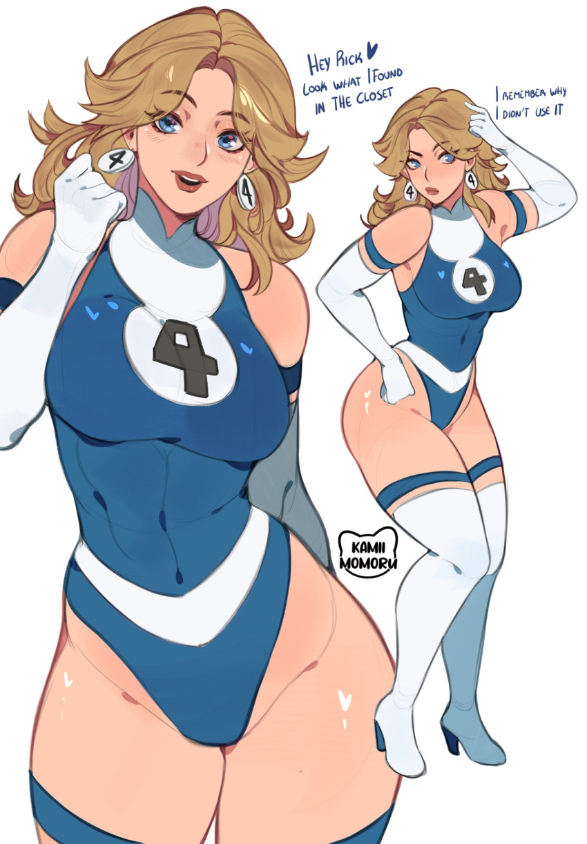 1girl, bare_shoulders, blonde_hair, blue_eyes, blue_leotard, breasts, earrings, fantastic_four