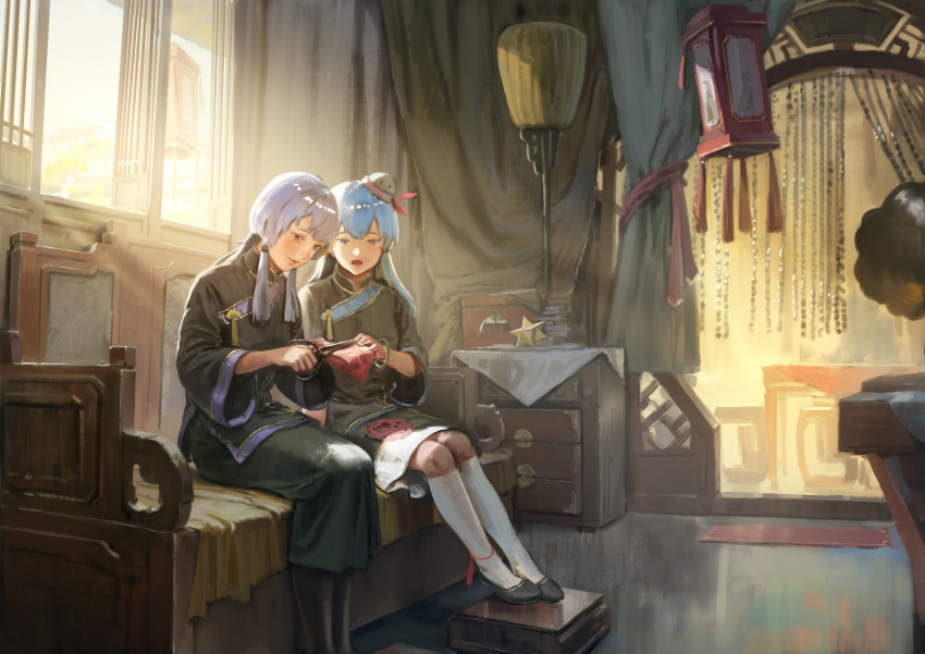 2girls, absurdres, black_footwear, blue_hair, chinese_clothes, closed_eyes, curtains, drawer