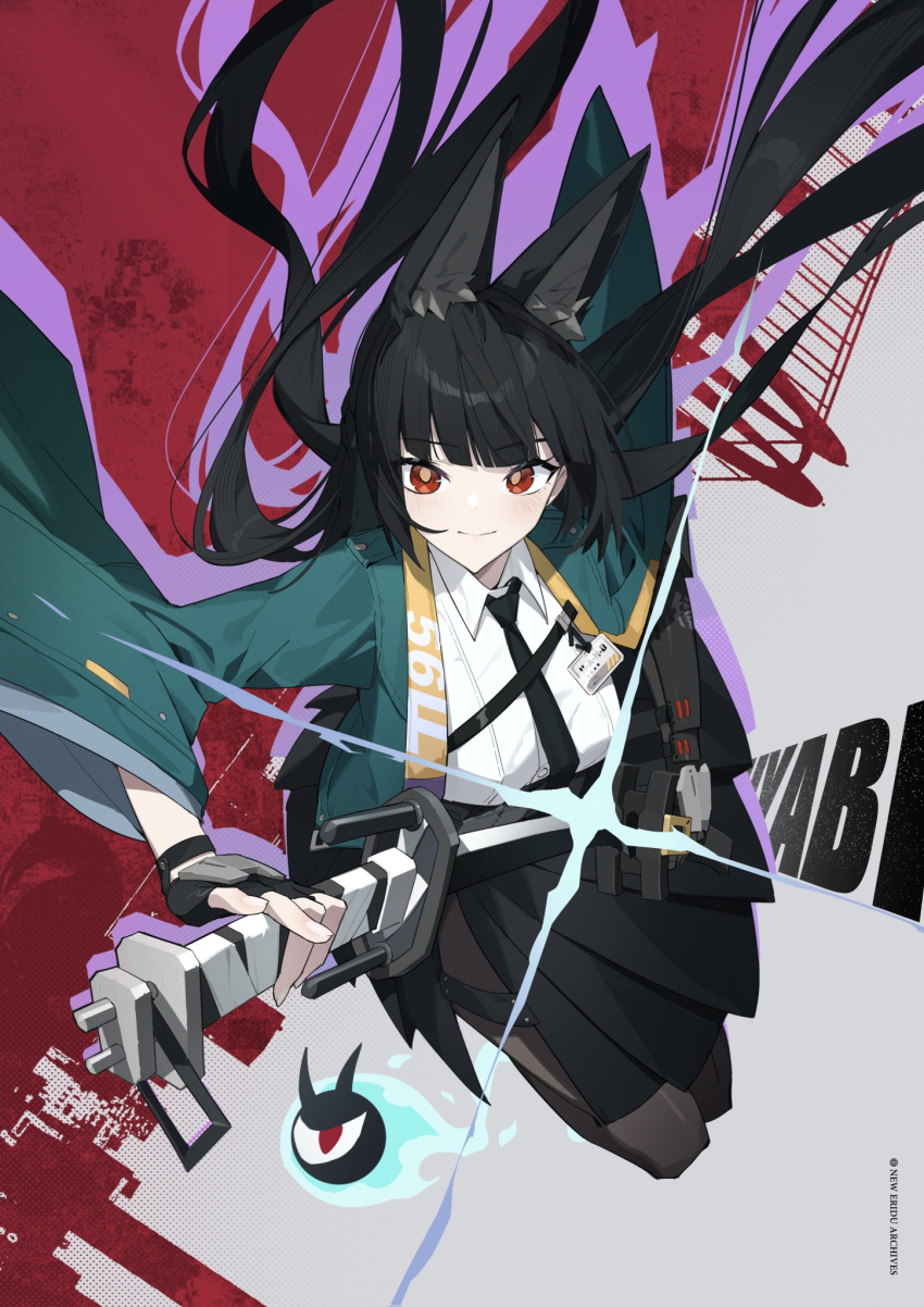 1girl, animal_ear_fluff, black_gloves, black_hair, black_necktie, black_skirt, blunt_bangs, closed_mouth