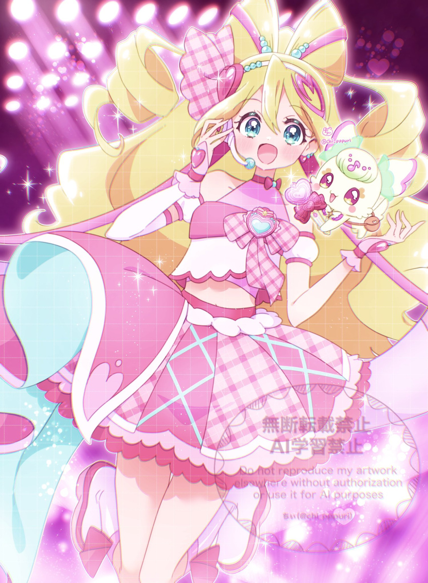 1girl, :d, blonde_hair, blue_eyes, boots, bow, bow-shaped_hair, chii_(chi_pppuri)