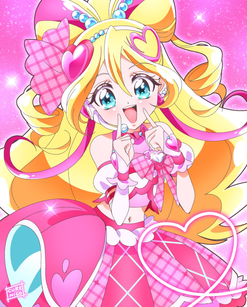 1girl, :d, blonde_hair, blue_eyes, bow, bow-shaped_hair, cure_idol, cure_nico