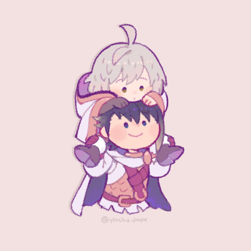 2boys, ahoge, alfonse_(fire_emblem), cape, carrying, commentary, cropped_torso, deformed