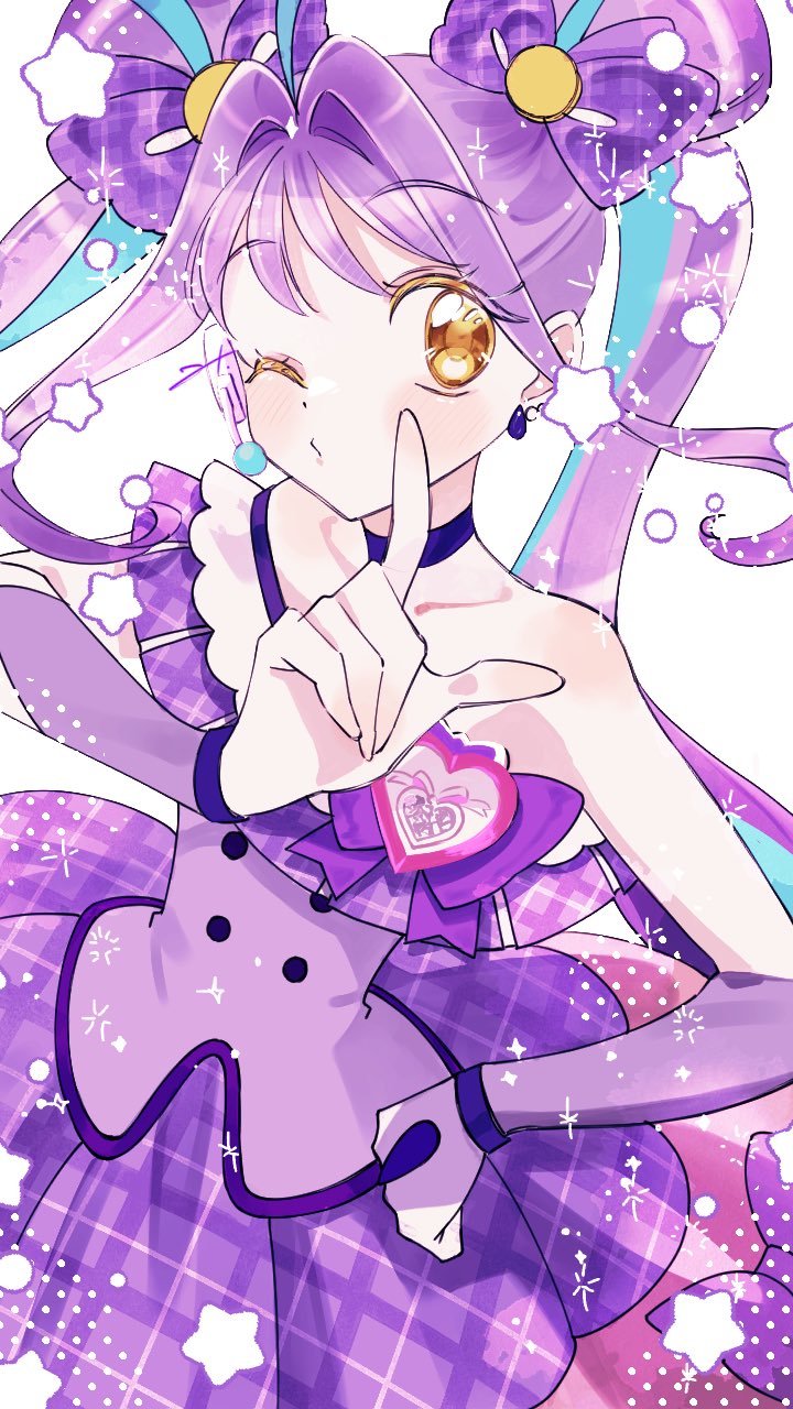 1girl, ahoge, bow, choker, collarbone, colored_eyelashes, cure_kyunkyun, double_bun