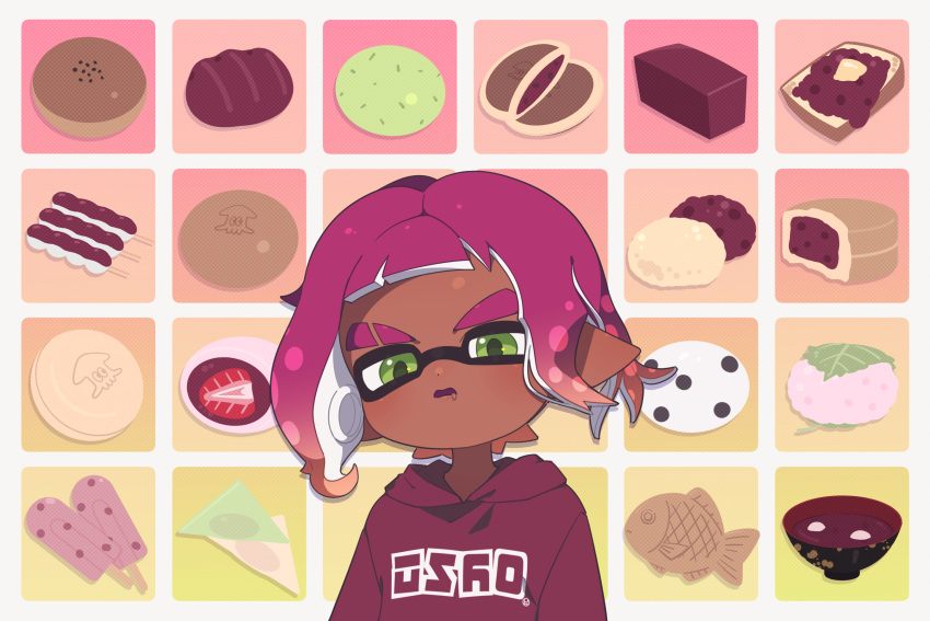 1boy, anpan, colored_tongue, commentary_request, daifuku, dango, dark-skinned_male, dark_skin
