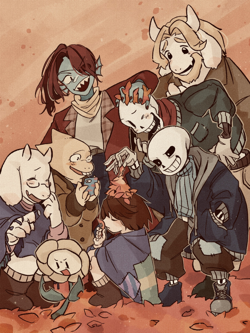 1other, 3girls, 4boys, alphys, asgore_dreemurr, autumn_leaves, casual, flower