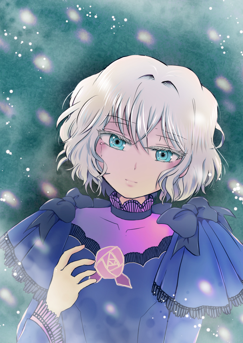 1girl, absurdres, black_bow, blue_dress, blue_eyes, bow, br6vpocuwdddxrg, chloe_d'apchier
