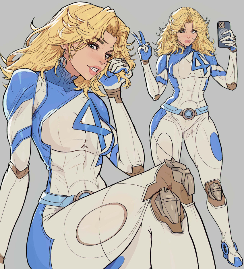 1girl, absurdres, animification, blonde_hair, blue_eyes, bodysuit, breasts, earrings