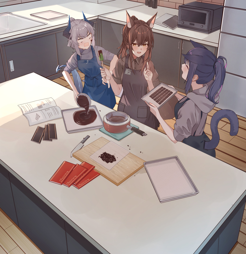3girls, :d, ^_^, absurdres, animal_ear_fluff, animal_ears, apron, arknights