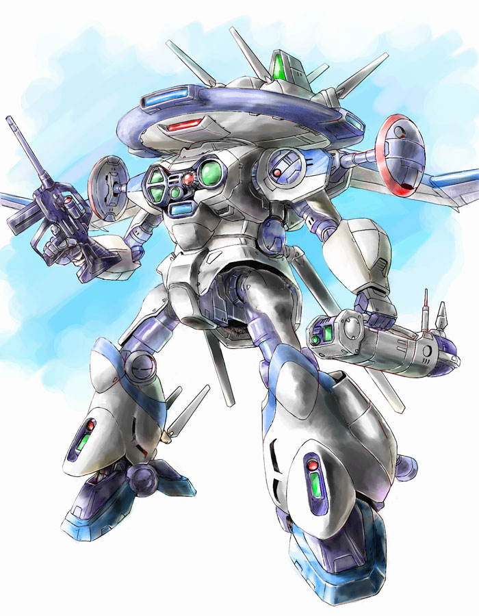 assault_visor, beam_rifle, clouds, commentary_request, d-3, energy_gun, holding, kikou_senki_dragonar