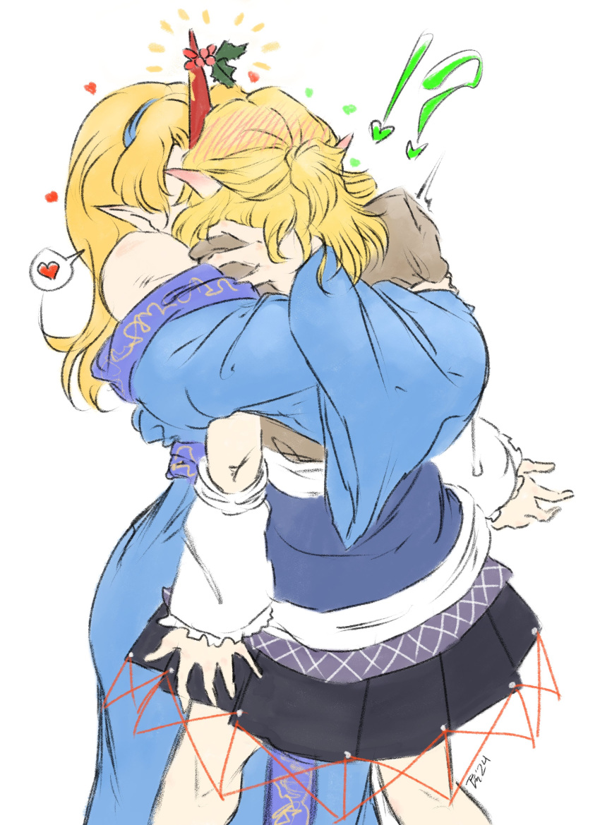 !?, 2girls, absurdres, arm_warmers, bare_shoulders, black_skirt, blonde_hair, blue_kimono, blue_overskirt, blush, bread_master, brown_shirt, half_updo, heart, height_difference, highres, holly, horns, hoshiguma_yuugi, hug, japanese_clothes, kimono, kiss, mizuhashi_parsee, multiple_girls, oni, overskirt, pointy_ears, shirt, short_hair, single_horn, skirt, touhou, white_arm_warmers, yuri
