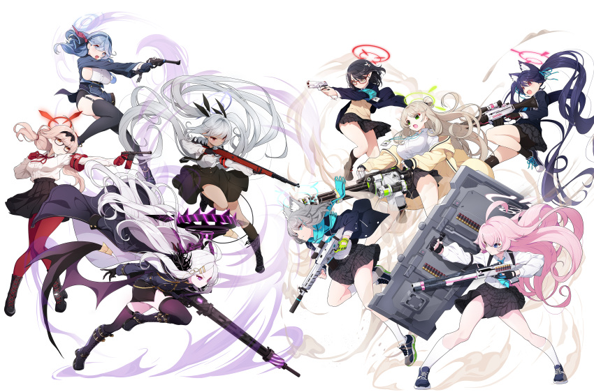 6+girls, absurdres, ahoge, aiming, ako_(blue_archive), animal_ears, aqua_armband, aqua_scarf