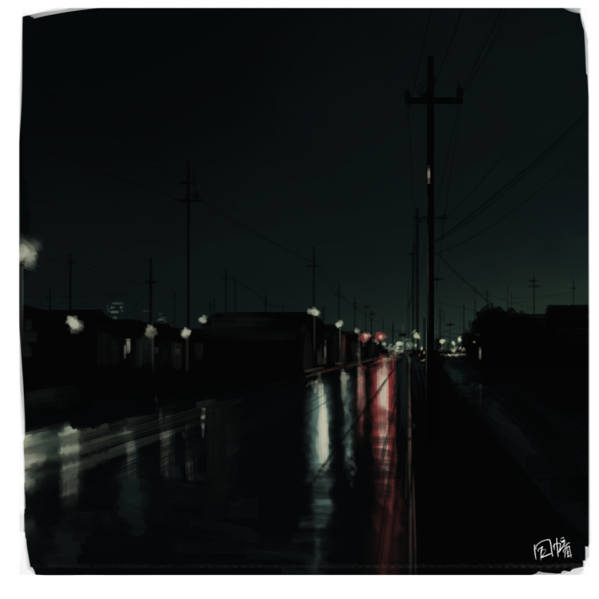 border, furumiya-underson, highres, night, no_humans, original, outdoors, power_lines, road, scenery, utility_pole, white_border