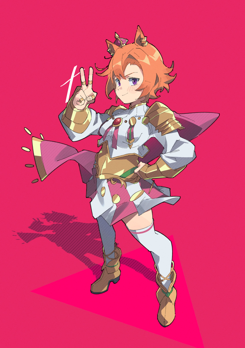 1girl, absurdres, animal_ears, armor, boots, brown_hair, cape, cropped_shirt, crown, eflo_(794753336), fringe_trim, full_body, gold_armor, gold_footwear, gold_necklace, hand_on_own_hip, high_heel_boots, high_heels, highres, horse_ears, horse_girl, horse_tail, jewelry, long_sleeves, looking_at_viewer, multiple_rings, necklace, pauldrons, pink_background, pink_cape, pink_skirt, pleated_skirt, ring, shadow, shirt, short_hair, shoulder_armor, skirt, smile, solo, standing, t.m._opera_o_(umamusume), tail, thigh-highs, two-tone_skirt, umamusume, v, v-shaped_eyebrows, vambraces, violet_eyes, white_shirt, white_skirt, white_thighhighs