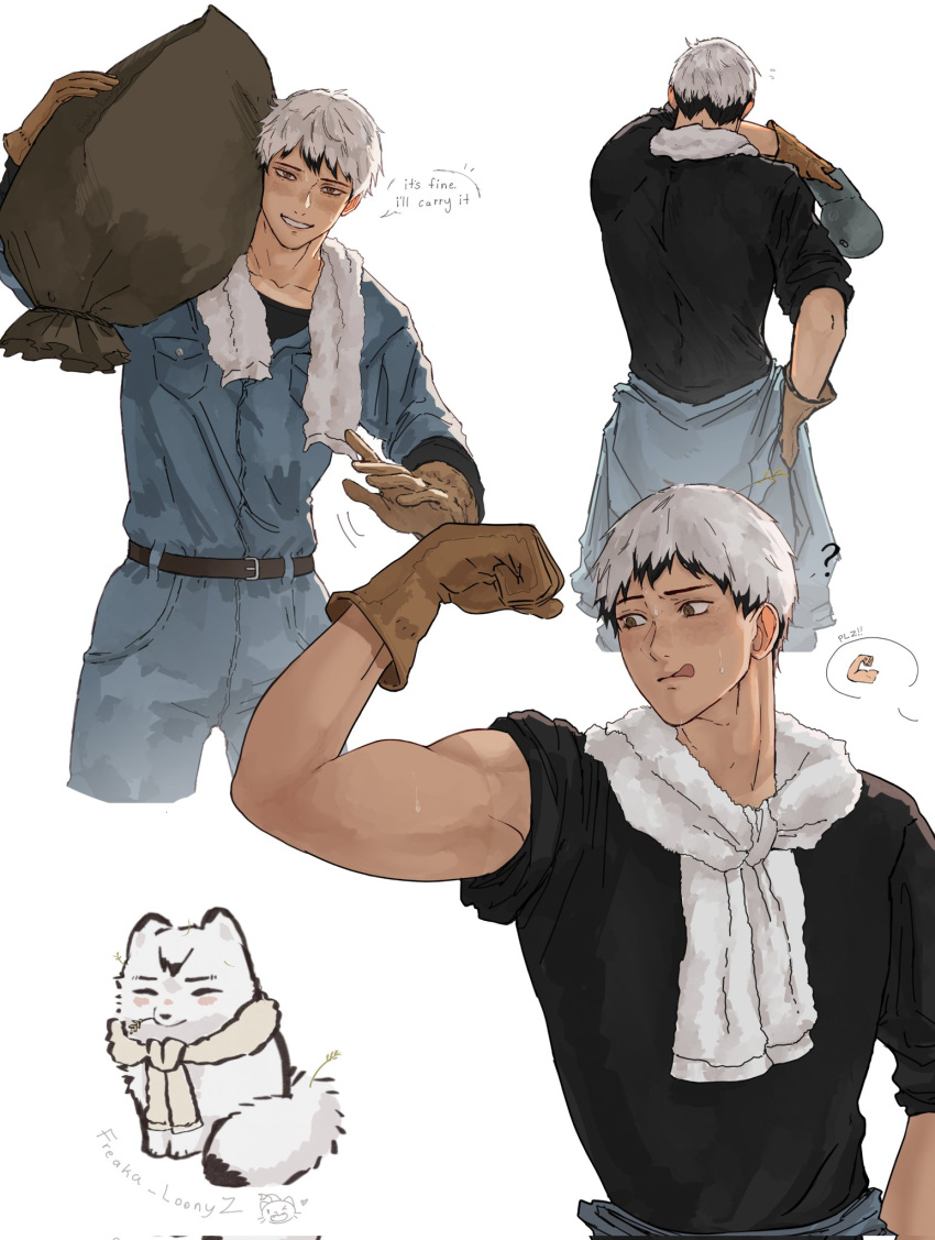 1boy, aged_up, baseball_cap, belt, belt_buckle, biceps, black_belt, black_hair, black_shirt, blue_jumpsuit, brown_eyes, brown_gloves, buckle, carrying_over_shoulder, english_text, freaka_loonyz, gloves, haikyuu!!, hat, highres, holding, holding_hat, holding_sack, holding_unworn_clothes, jumpsuit, kita_shinsuke, male_focus, multicolored_hair, sack, shirt, short_hair, simple_background, solo, speech_bubble, sweat, tongue, tongue_out, towel, towel_around_neck, white_background, white_hair