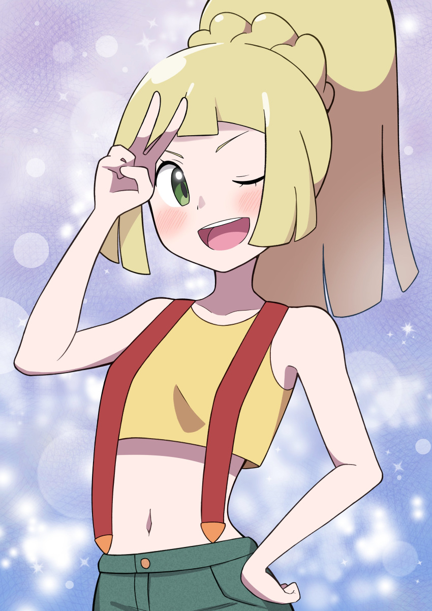 1girl, absurdres, araki_megami, bare_shoulders, blonde_hair, blue_background, blue_shorts, cosplay