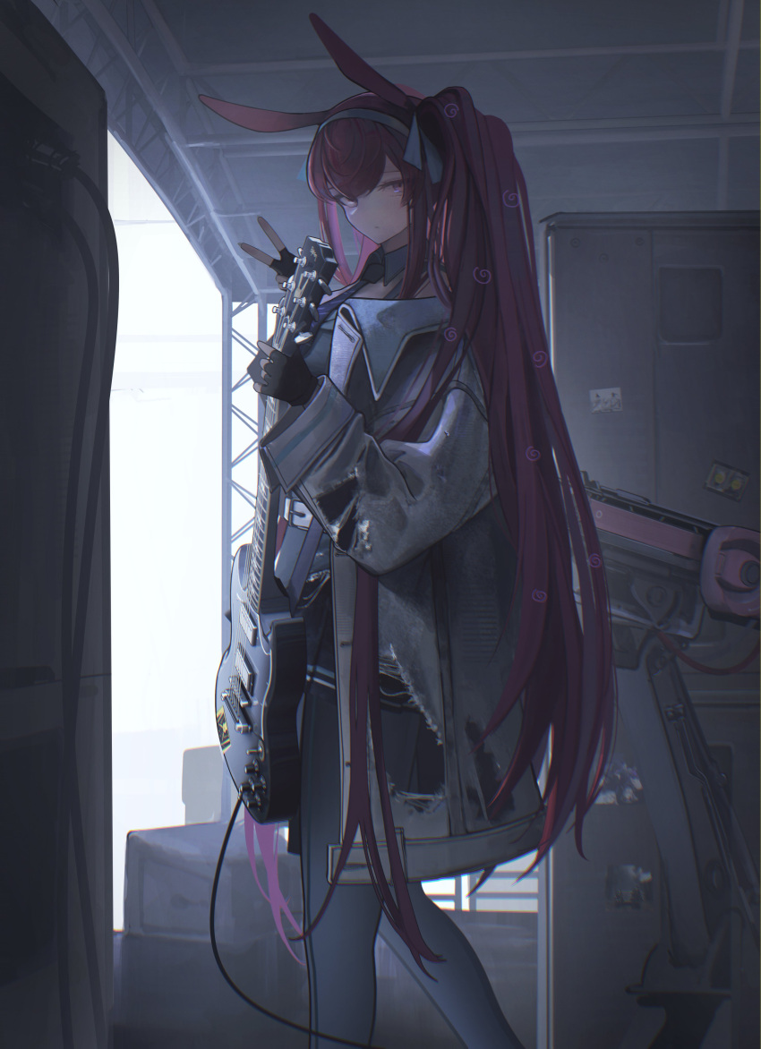 1girl, absurdres, animal_ears, arknights, backlighting, backstage, black_gloves, black_necktie, black_pantyhose, black_skirt, blue_hairband, blue_ribbon, closed_mouth, coat, curtains, detached_collar, electric_guitar, feet_out_of_frame, fingerless_gloves, front-seamed_legwear, gloves, grey_coat, guitar, hairband, highres, holding, holding_guitar, holding_instrument, instrument, kusami_toka_naku_au, long_hair, long_sleeves, looking_at_viewer, miniskirt, necktie, official_alternate_costume, open_clothes, open_coat, pantyhose, pleated_skirt, purple_hair, rabbit_ears, rabbit_girl, ray_(dreaming_high)_(arknights), ribbon, seamed_legwear, skirt, solo, standing, torn_clothes, torn_coat, very_long_hair, violet_eyes