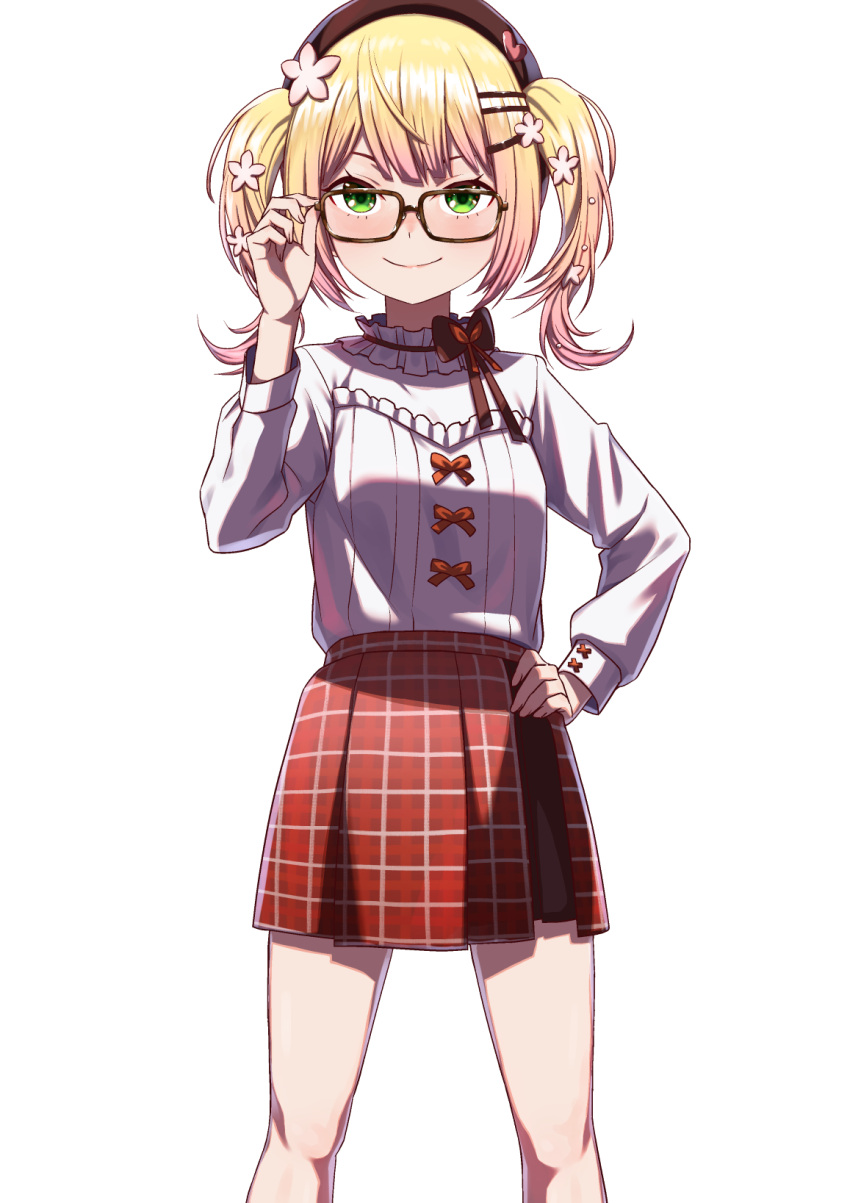 >:), 1girl, adjusting_eyewear, bare_legs, beret, blonde_hair, bow, brown-framed_eyewear