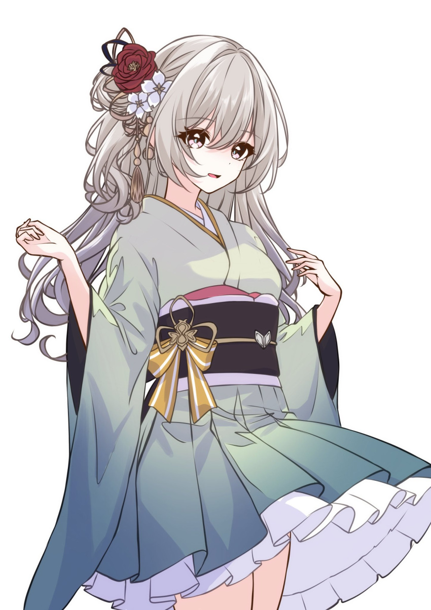 1girl, alternate_costume, black_sash, commentary_request, cowboy_shot, dot_nose, firefly_(honkai:_star_rail), flower