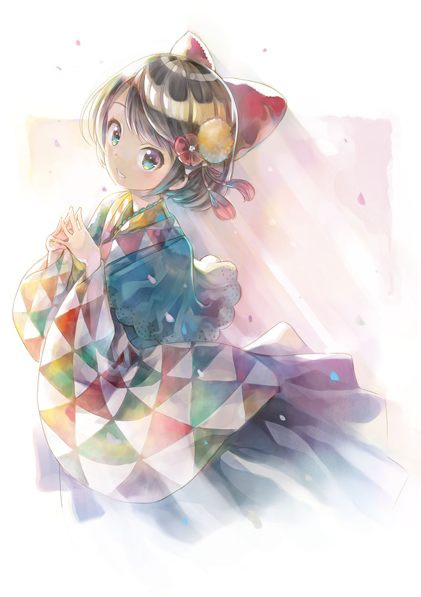 1girl, black_hair, blue_eyes, bow, hair_bow, hair_ornament, hakama, hands_up
