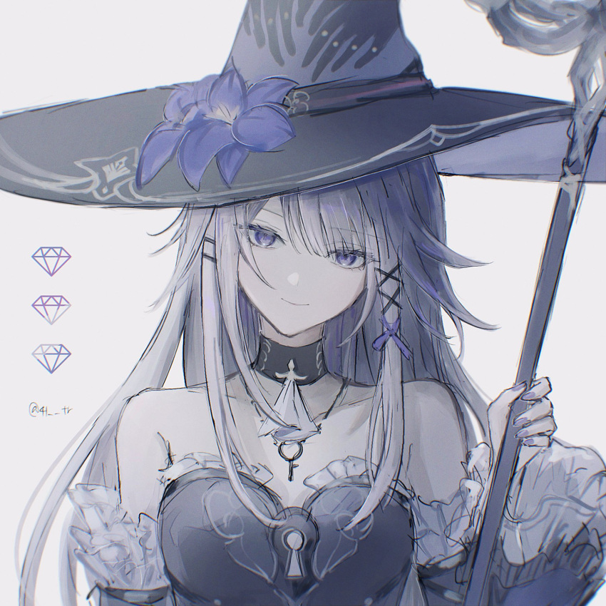 1girl, 41_tr, black_hat, choker, detached_sleeves, flower, hat, hat_flower, herta_(honkai:_star_rail), highres, honkai:_star_rail, honkai_(series), jewelry, key, key_choker, key_necklace, necklace, official_alternate_design, purple_flower, purple_nails, solo, the_herta_(honkai:_star_rail), twitter_username, upper_body, violet_eyes, witch_hat
