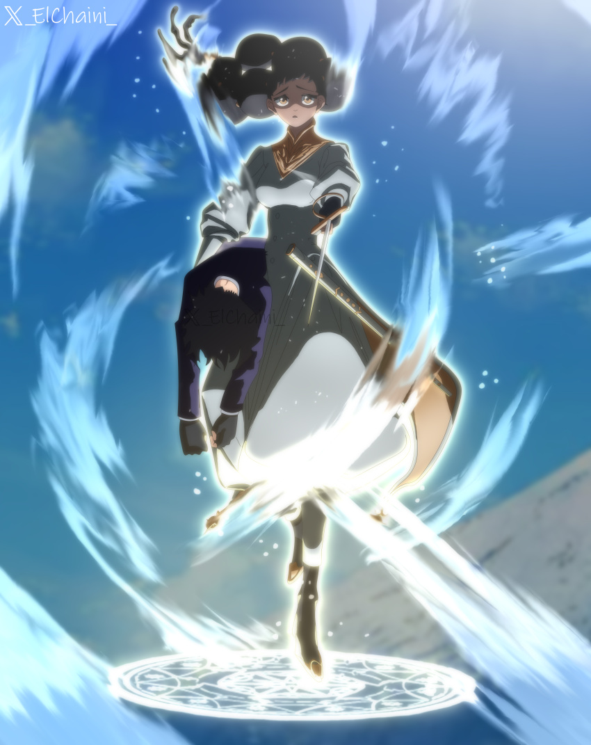 1boy, absurdres, black_hair, colorized, dark-skinned_female, dark_skin, desscaras, double_bun