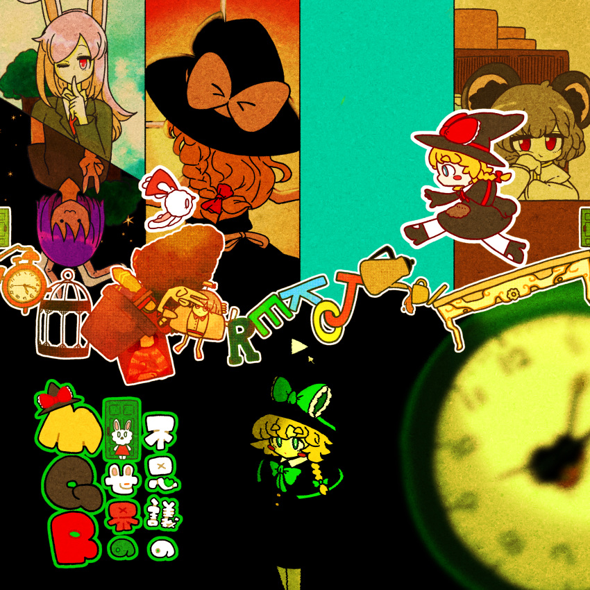 6+girls, :3, absurdres, alarm_clock, animal_ears, bench, birdcage, black_hat