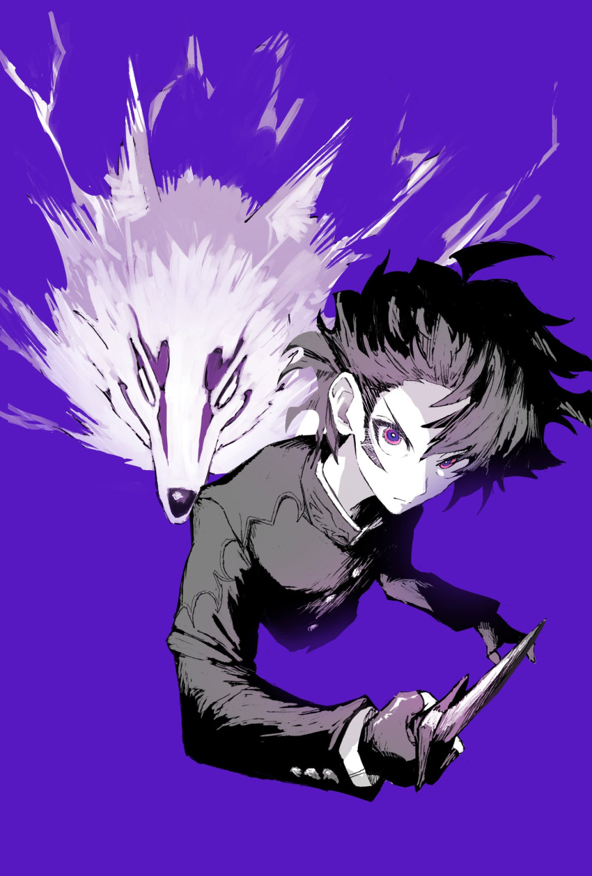 1boy, 1other, animal_ears, black_hair, fox, fox_ears, gloves, highres