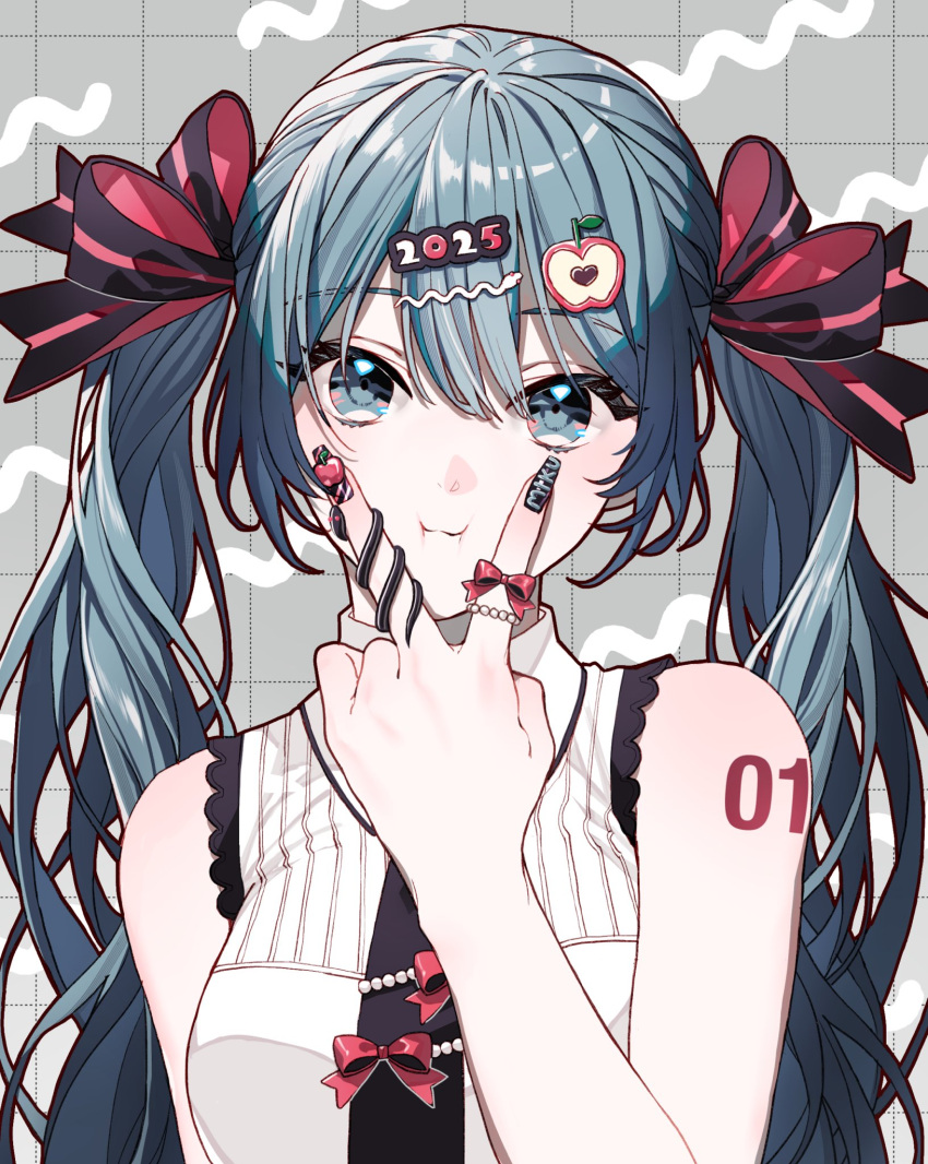 1girl, 2025, animal-themed_ring, apple_hair_ornament, arched_bangs, arms_at_sides, bare_arms, black_nails