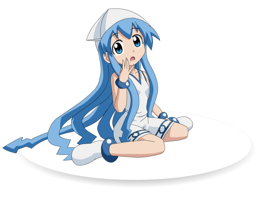 blue_eyes, blue_hair, dress, hat, ikamusume, imaichi_moenai_ko, knives_(artist), kobe_shinbun
