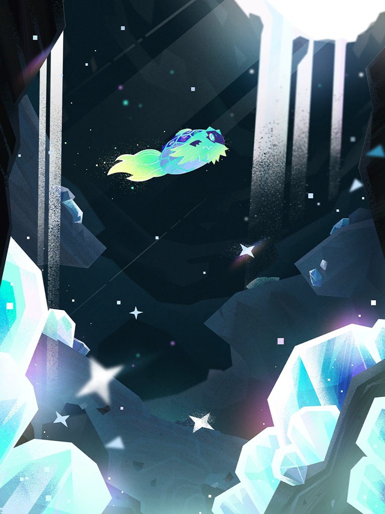 animal_focus, artist_request, blue_eyes, cave_interior, crystal, floating, full_body, no_humans
