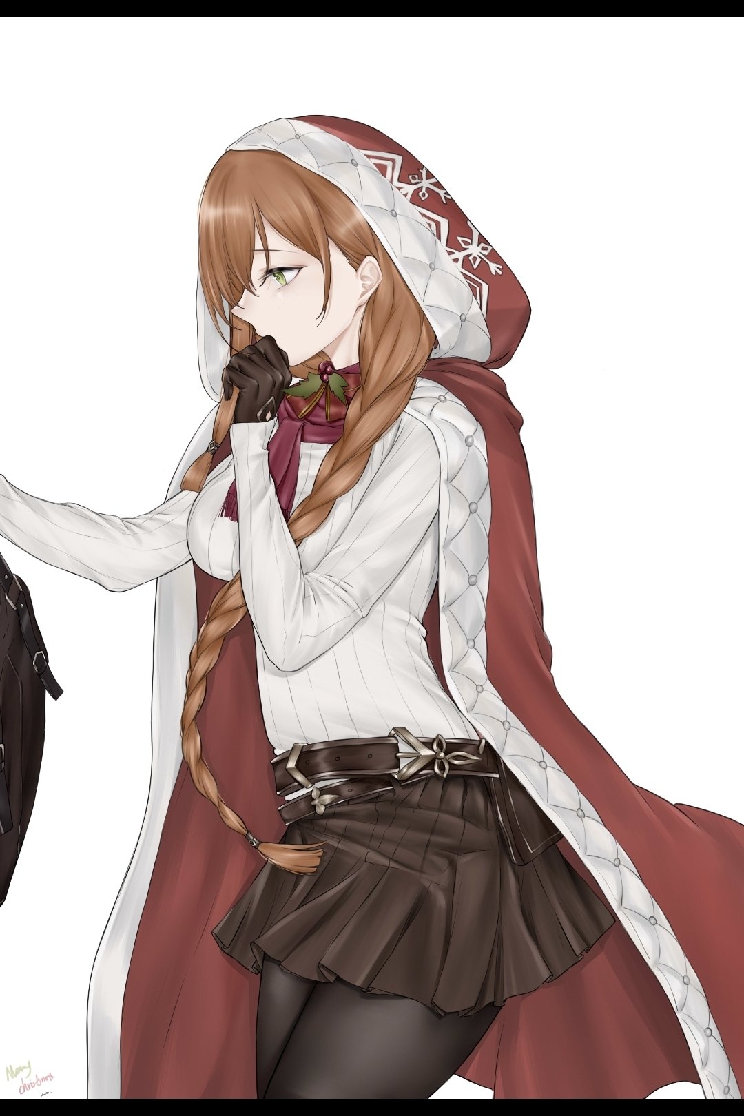 1girl, arm_up, belt, black_pantyhose, braid, breasts, brown_belt, brown_gloves, brown_skirt, christmas, cloak, closed_mouth, commentary, dated_commentary, english_commentary, feet_out_of_frame, girls_frontline, gloves, green_eyes, highres, himos, hood, hood_up, hooded_cloak, long_hair, long_sleeves, looking_to_the_side, merry_christmas, official_alternate_costume, orange_hair, pantyhose, red_cloak, red_hood, red_scarf, scarf, simple_background, single_braid, skirt, solo, springfield_(girls'_frontline), springfield_(o_holy_night)_(girls'_frontline), standing, sweater, turtleneck, turtleneck_sweater, white_background, white_sweater
