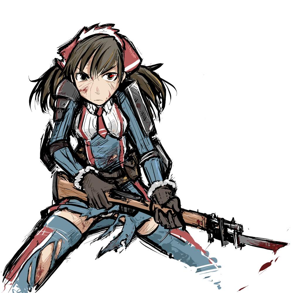 alicia_melchiott, bayonet, blood, brown_eyes, brown_hair, dirty, eccma417, gloves