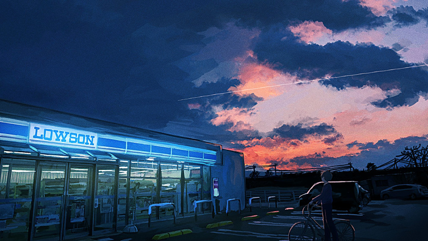 1boy, banakotakemaru, black_pants, car, clouds, cloudy_sky, contrail, convenience_store