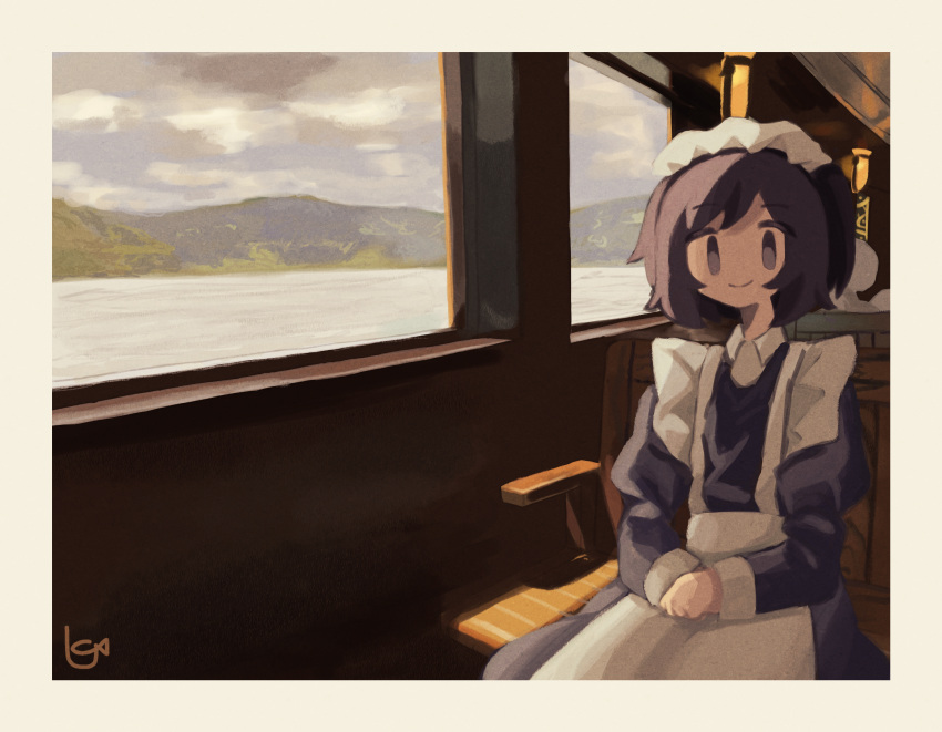 1girl, apron, black_dress, boat_interior, border, brown_eyes, brown_hair, closed_mouth