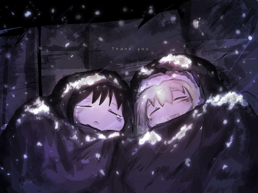 2girls, :d, absurdres, against_wall, black_hair, blonde_hair, chito_(shoujo_shuumatsu_ryokou), closed_eyes