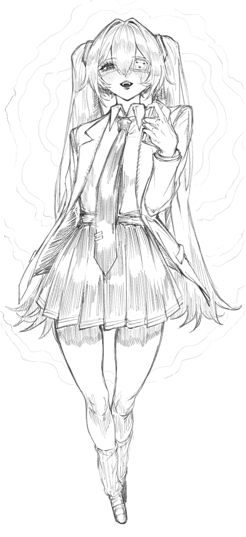1girl, blush, cellphone, eyepatch, full_body, greyscale, hair_between_eyes, hatsune_miku, highres, holding, holding_phone, indinu, jacket, long_hair, looking_at_viewer, monitoring_(vocaloid), monochrome, necktie, one_eye_covered, open_clothes, open_jacket, open_mouth, phone, pleated_skirt, ringed_eyes, shirt_tucked_in, shoes, simple_background, skirt, smartphone, socks, solo, standing, suit_jacket, teeth, tie_clip, twintails, upper_teeth_only, very_long_hair, vocaloid, white_background, wing_collar
