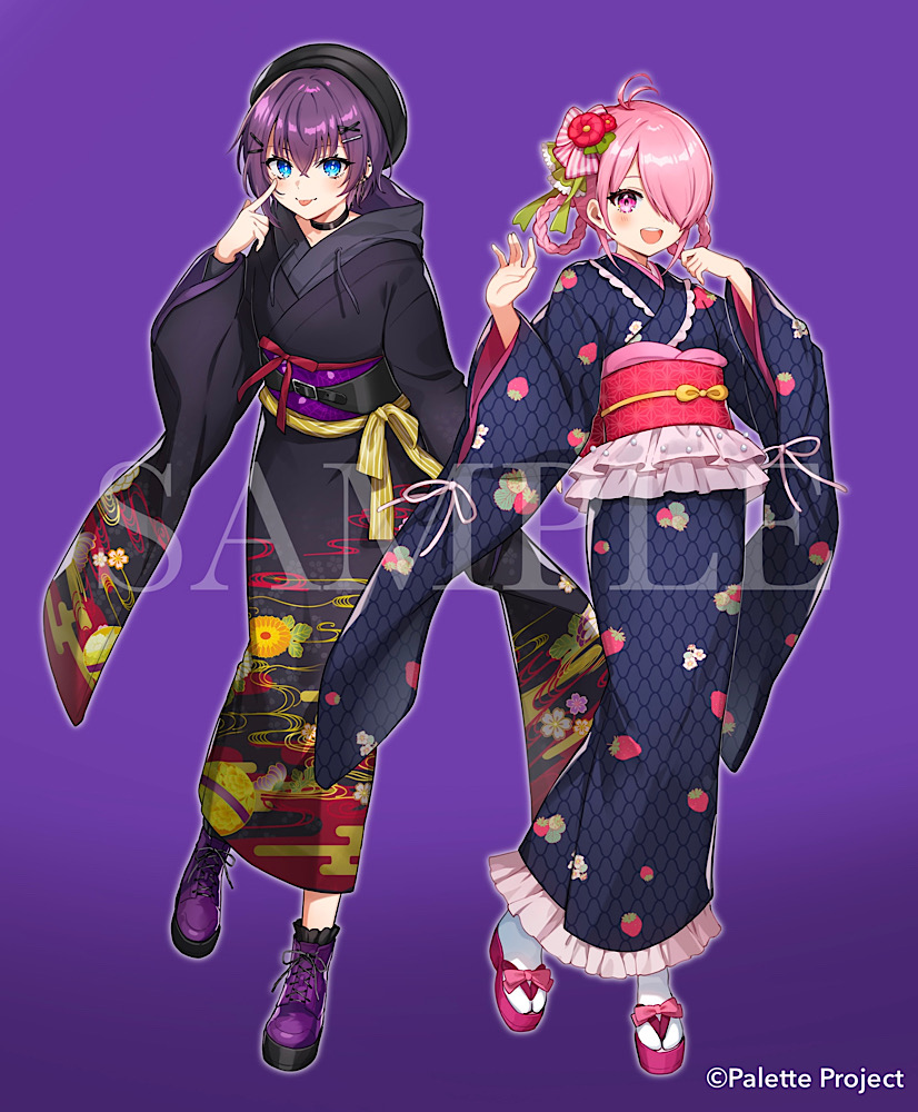 2girls, :d, akanbe, beret, black_hat, black_kimono, blue_eyes, boots