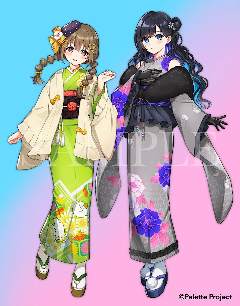 2girls, bare_shoulders, black_gloves, black_hair, blue_background, blue_eyes, blue_footwear, blue_hair