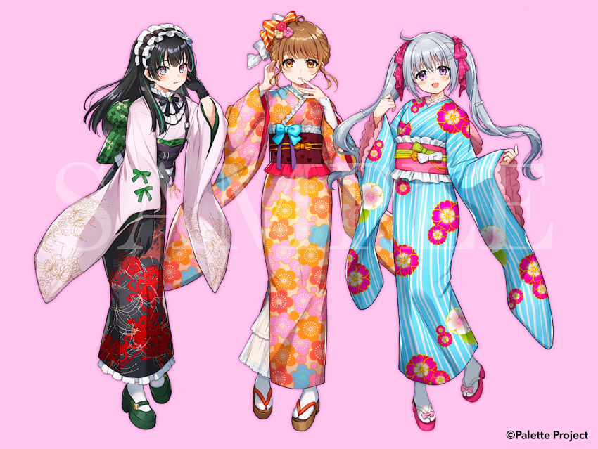 3girls, :d, akatsuki_clara, black_gloves, black_hair, blush, brown_eyes, brown_flower