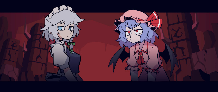 2girls, :/, absurdres, ascot, bat_wings, blue_eyes, blue_hair, bow