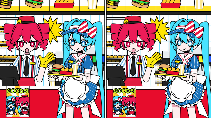 +_+, apron, aqua_hair, black_choker, black_necktie, blue_hat, bow, burger