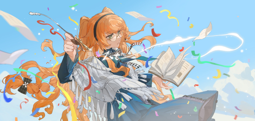 1girl, absurdres, air_writing, anniversary, black_hairband, blue_dress, blue_sky, capelet