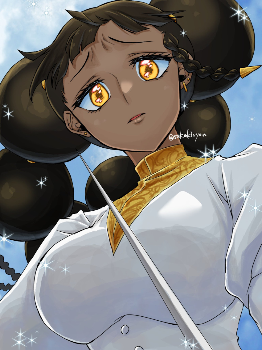 1girl, black_hair, blue_sky, dark-skinned_female, dark_skin, desscaras, double_bun, earrings