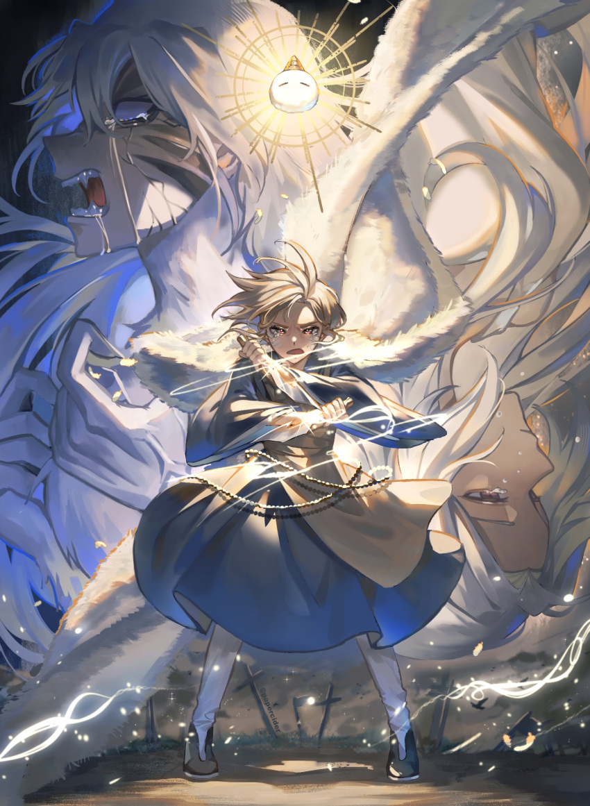 1girl, artist_name, biyoo_(omniscient_reader's_viewpoint), black_footwear, blank_eyes, blonde_hair, blue_dress, commentary