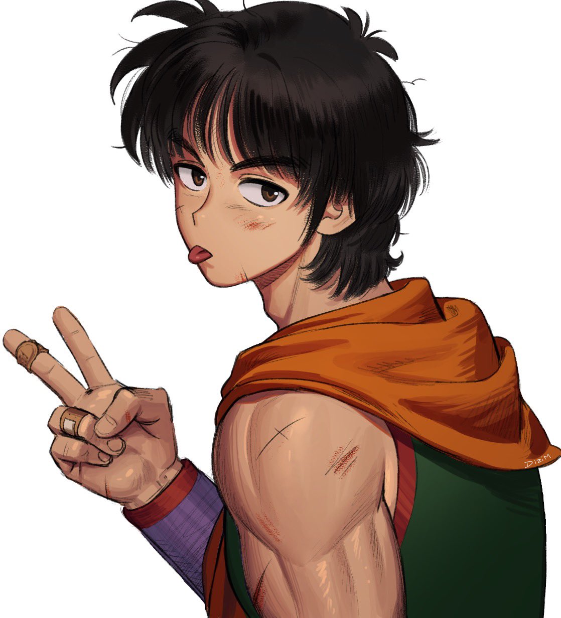 1boy, bandaid, bandaid_on_hand, biceps, black_hair, brown_eyes, character_request, check_character