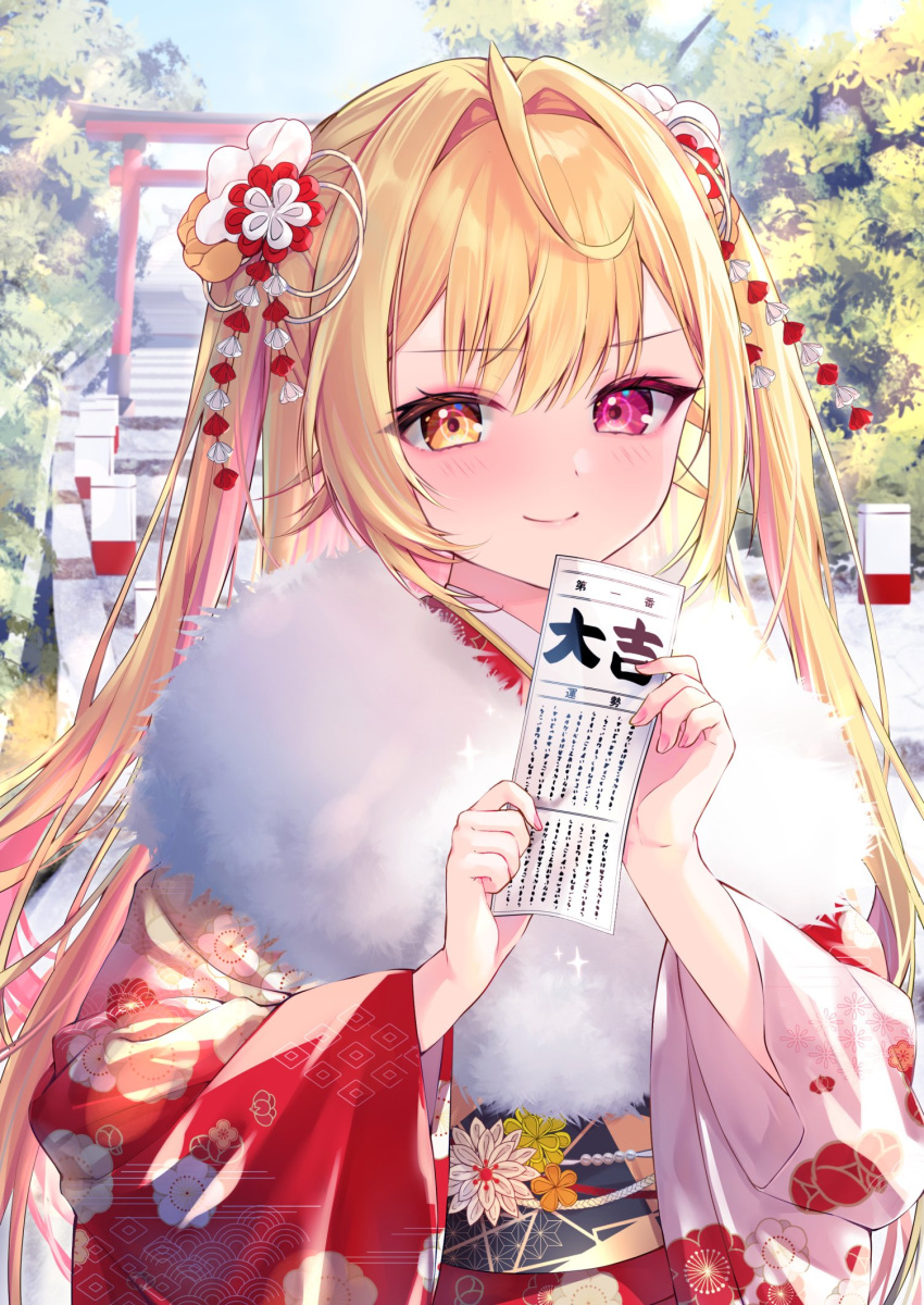 1girl, ahoge, blonde_hair, blush, colored_inner_hair, commentary_request, floral_print, floral_print_kimono