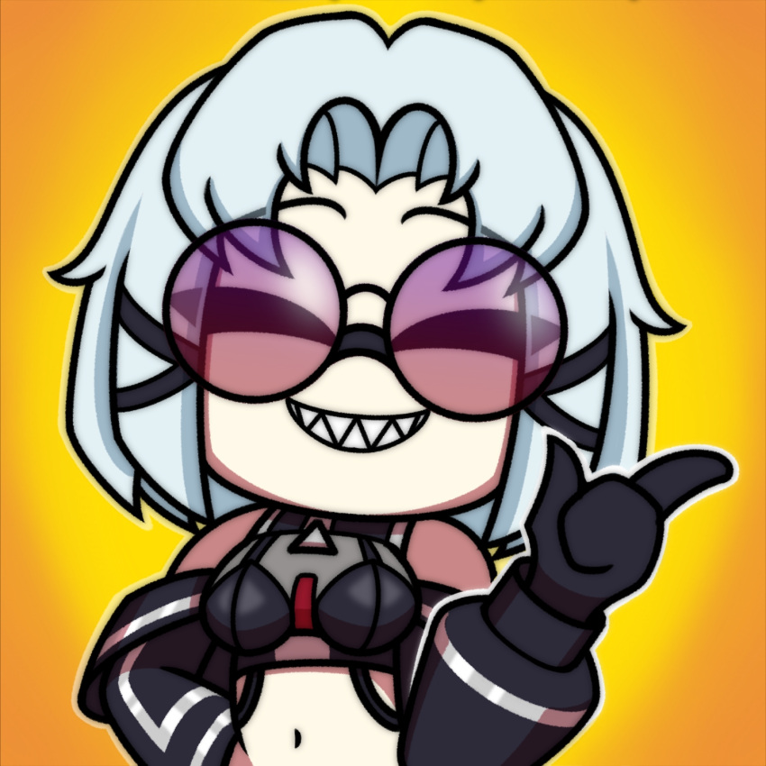 1girl, ^_^, chibi, closed_eyes, commentary, crop_top, drake_(nikke), drake_(villain_racer)_(nikke), drakeposting_(meme), english_commentary, finger_gun, gloves, goddess_of_victory:_nikke, gradient_background, grin, hair_ribbon, hand_up, highres, jacket, long_sleeves, meme, name_connection, navel, off_shoulder, official_alternate_costume, pointing, puffy_sleeves, ribbon, sharp_teeth, short_hair, smile, solo, strap, sunglasses, teeth, tress_ribbon, virgate, white_hair, yellow_background