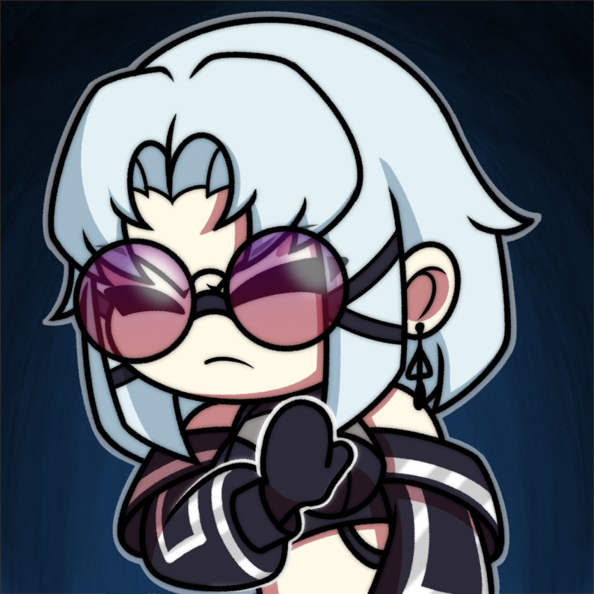 1girl, blue_background, chibi, commentary, crop_top, drake_(nikke), drake_(villain_racer)_(nikke), drakeposting_(meme), earrings, english_commentary, frown, gloves, goddess_of_victory:_nikke, gradient_background, hair_ribbon, hand_up, highres, jacket, jewelry, long_sleeves, meme, name_connection, off_shoulder, official_alternate_costume, puffy_sleeves, ribbon, short_hair, solo, strap, sunglasses, tress_ribbon, virgate, white_hair