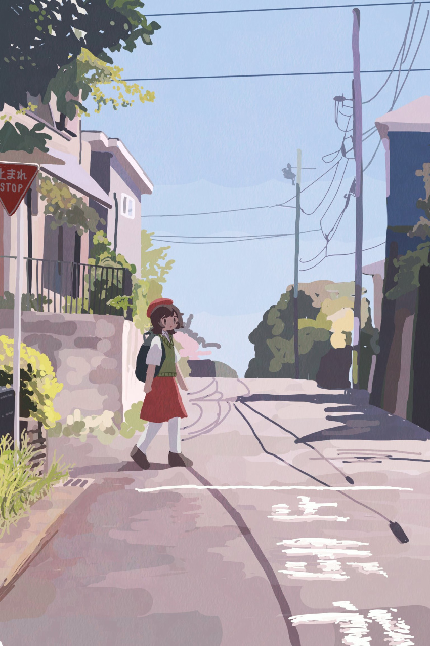 1girl, arms_at_sides, artist_self-insert, backpack, bag, beret, blue_sky, brown_eyes, brown_footwear, brown_hair, clear_sky, from_side, grass, green_sweater_vest, hat, highres, house, kyora-chan_(kyora_san), kyora_san, looking_at_viewer, original, pantyhose, power_lines, railing, red_hat, red_skirt, road, road_sign, shadow, shirt, shoes, short_hair, sign, skirt, sky, solo, street, suburb, sweater_vest, tree, utility_pole, v-neck, walking, white_pantyhose, white_shirt